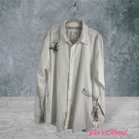 Guess Jeans Mens Vintage White Shirt With Graphic Prints (See Pics) SZ XL - Picture 1 of 13